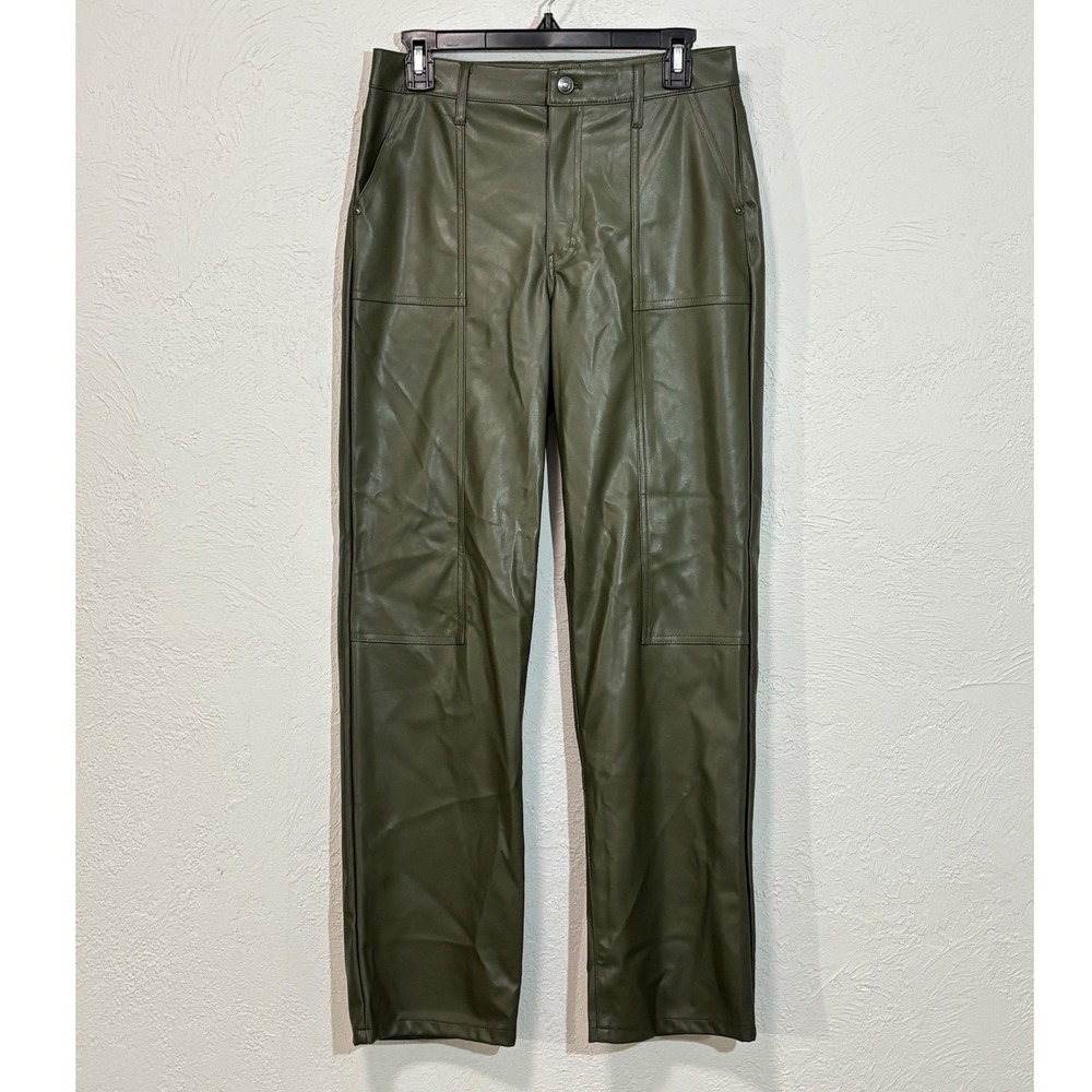 Scoop Faux Leather Pants Womens 8 Olive Green Utility Straight Leg High Rise